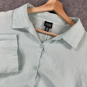 Eileen Fisher Shirt Womens Medium Mint Green Irish Linen 3/4 Sleeve Button Front